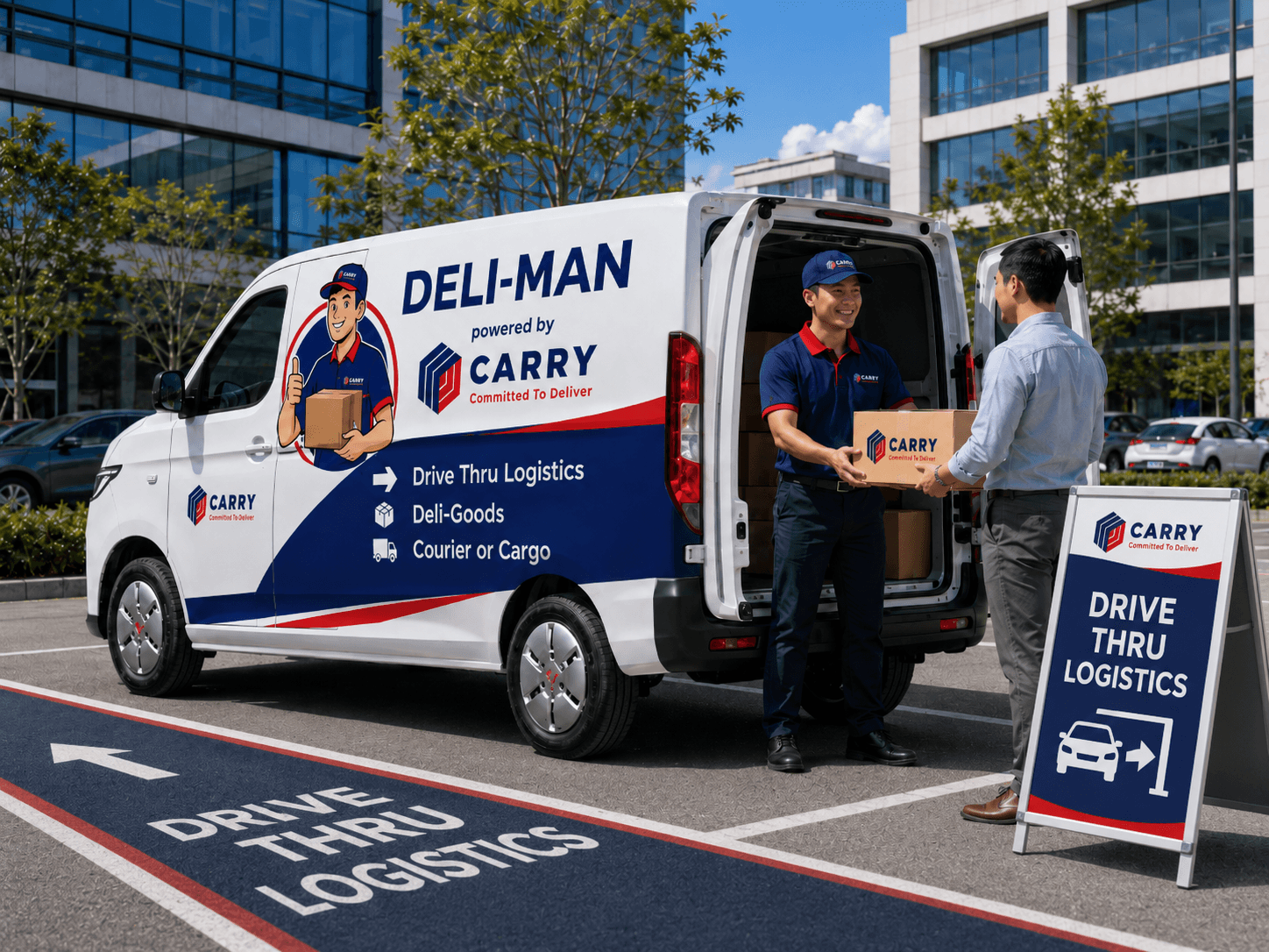 Van Deli-Man dengan standing board Drive Thru Logistics di area parkir CARRY Point.